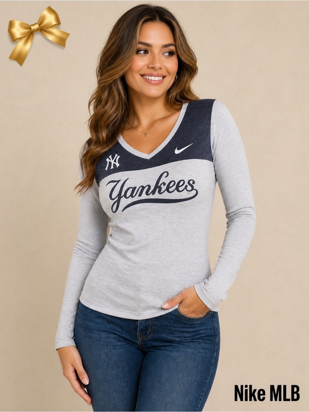 New York Yankees MLB Nike White Color Blocked Tri-Blend VNeck Long Sleeve Tshirt